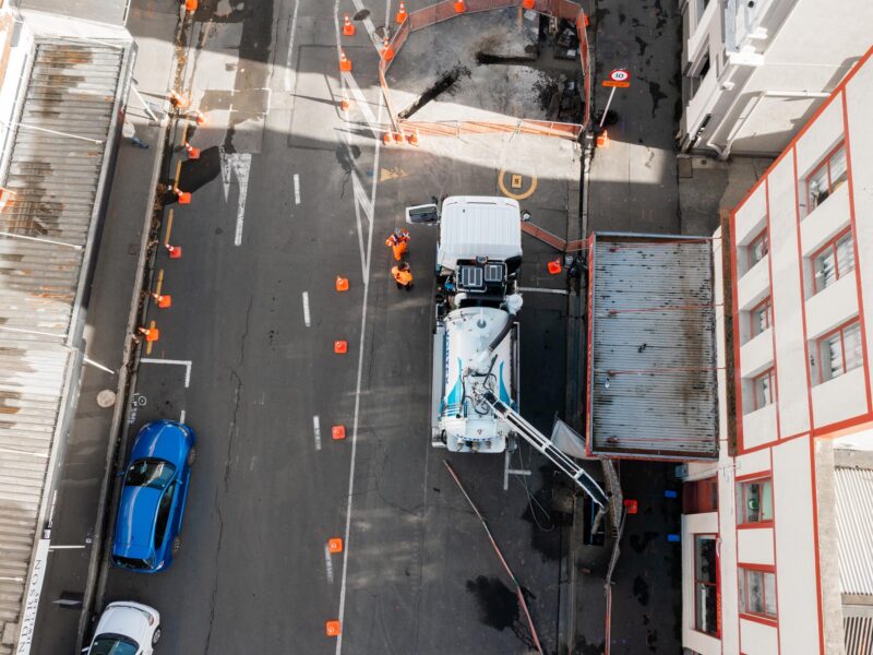 Aerial shot of hydro trench and temporary traffic management at work in Dunedin with Vortex Contracting