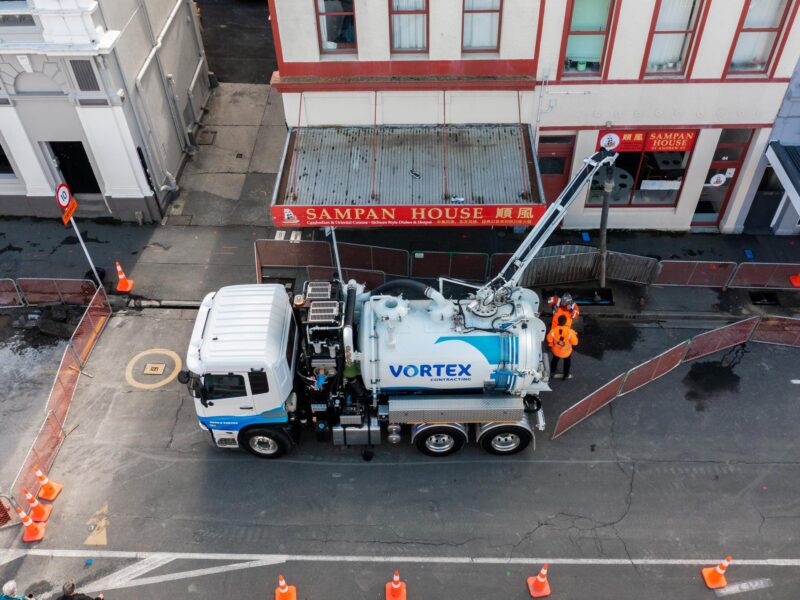 Aerial shot of hydro trench at work in Dunedin with Vortex Contracting. TTM in place